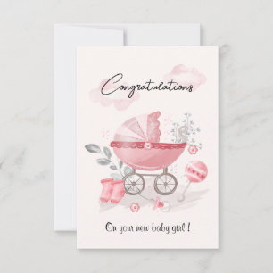 Pink Stroller baby girl congratulations card
