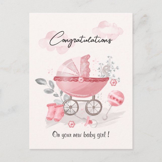 Pink Stroller baby girl congratulations card (Front)