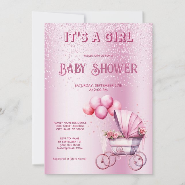 Pink Stroller Baby Shower Invitation (Front)