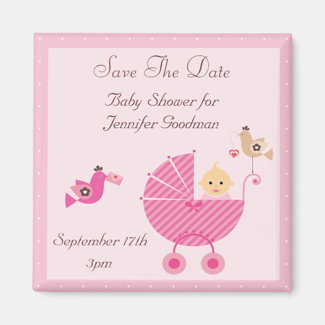 Pink Stroller & Birds Save The Date Baby Shower Magnet (Front)