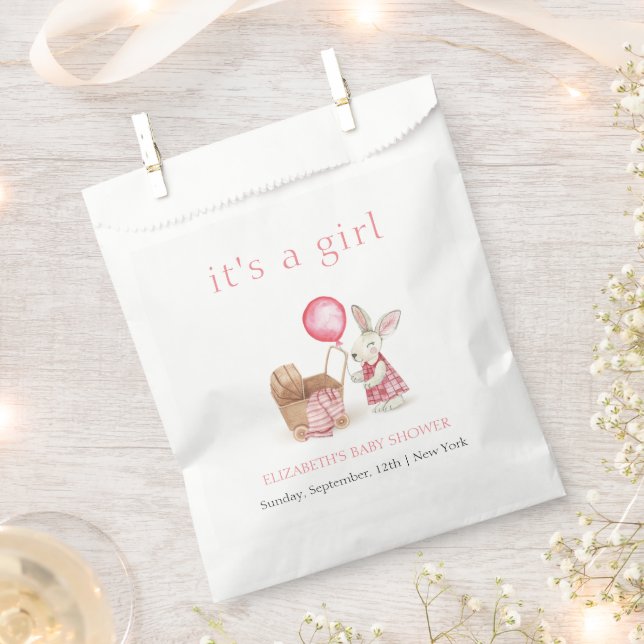 Pink Stroller Bunny Balloon Girl Baby Shower  Favour Bags (Clipped)