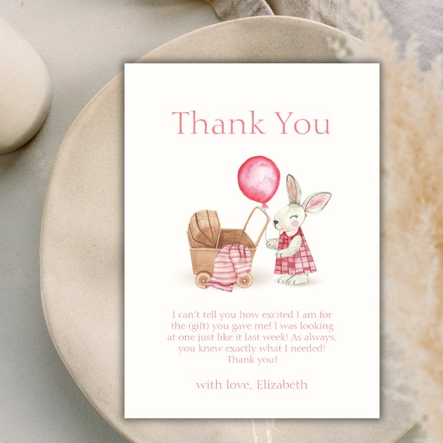 Pink Stroller Bunny Balloon Girl Baby Shower  Thank You Card (Pink Stroller Bunny Balloon Girl Baby Shower Thank You Card)