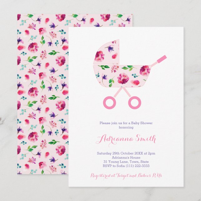 Pink Stroller For Girl Floral Baby Shower Invitation (Front/Back)