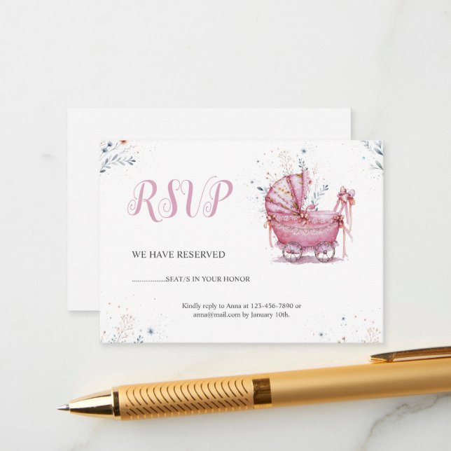 Pink Stroller RSVP Enclosure Card (Front/Back In Situ)