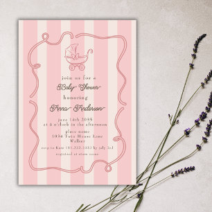 Pink Stroller Wavy Frame Stripes Girl Baby Shower Invitation