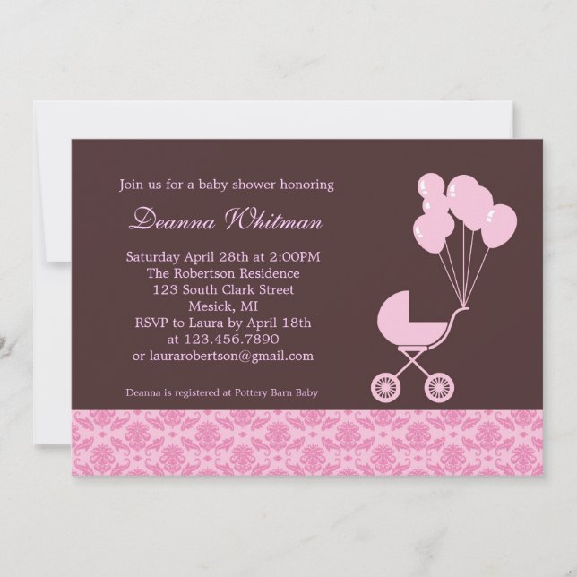 Pink Stroller with Balloons Baby Shower Invitation (Front)