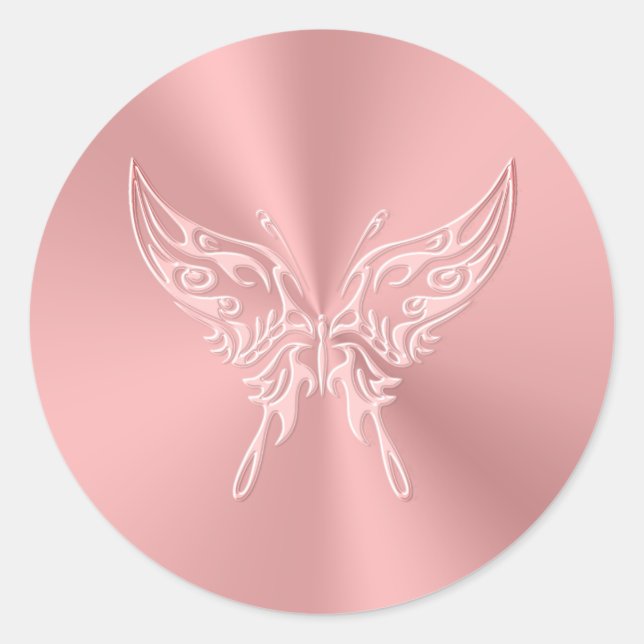 Pink Stylised Butterfly Round Tail, Embossed-look Classic Round Sticker (Front)