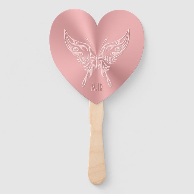 Pink Stylised Butterfly Round Tail, Embossed-look Hand Fan (Front)