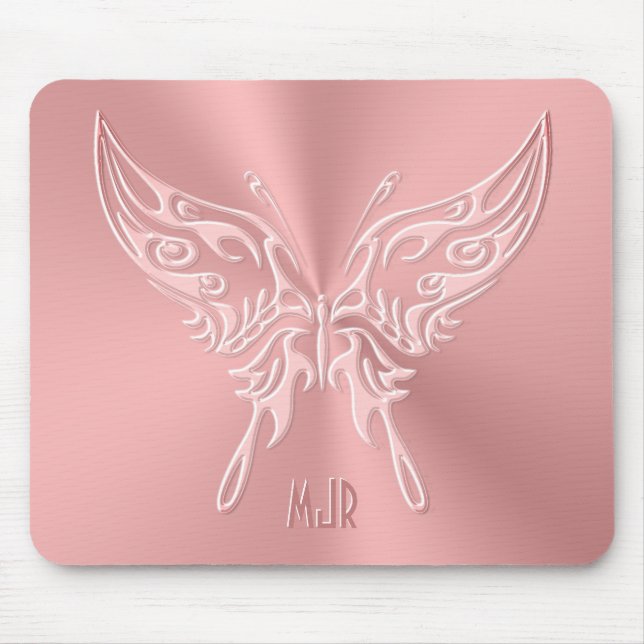 Pink Stylised Butterfly Round Tail, Embossed-look Mouse Mat (Front)
