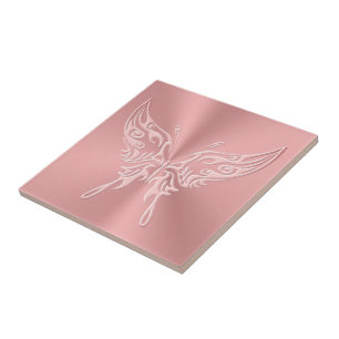 Pink Stylised Butterfly Round Tail, Embossed-look Tile