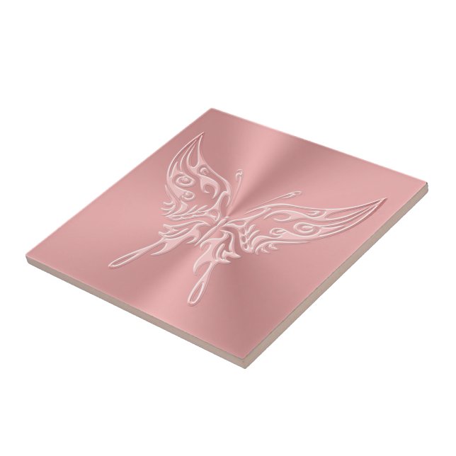 Pink Stylised Butterfly Round Tail, Embossed-look Tile (Side)