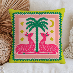 Pink Stylised Deers with Palm Tree Elegant Green Cushion