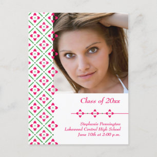 Pink stylish trendy floral graduation announcement postcard