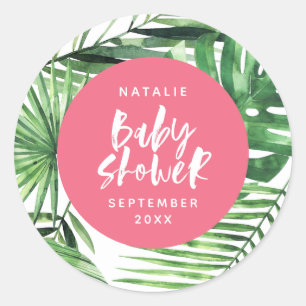 Pink stylish tropical foliage modern baby shower classic round sticker