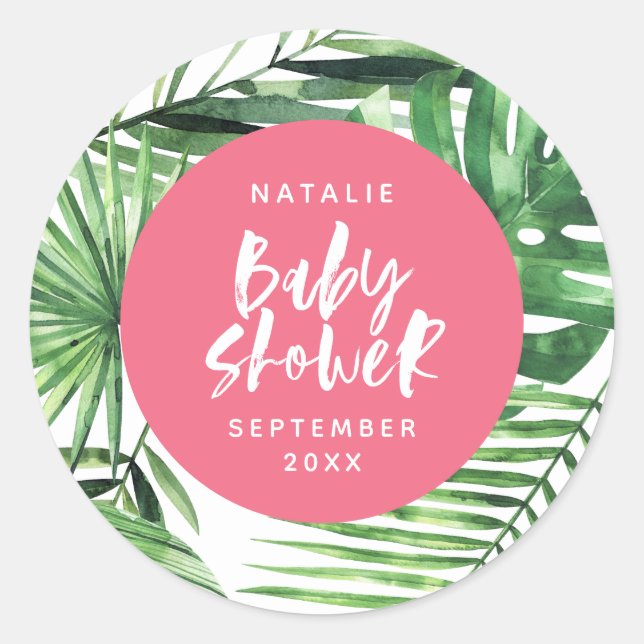Pink stylish tropical foliage modern baby shower classic round sticker (Front)