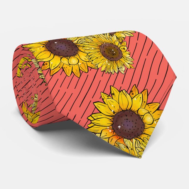 Pink Stylish Yellow Watercolor Sunflower Pattern  Tie (Rolled)
