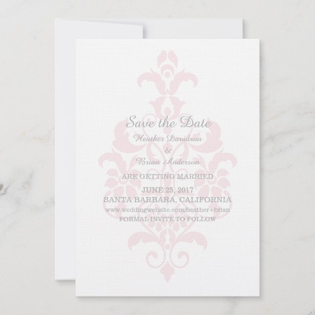 Pink Subtle Damask Save the Date Invite (Front)