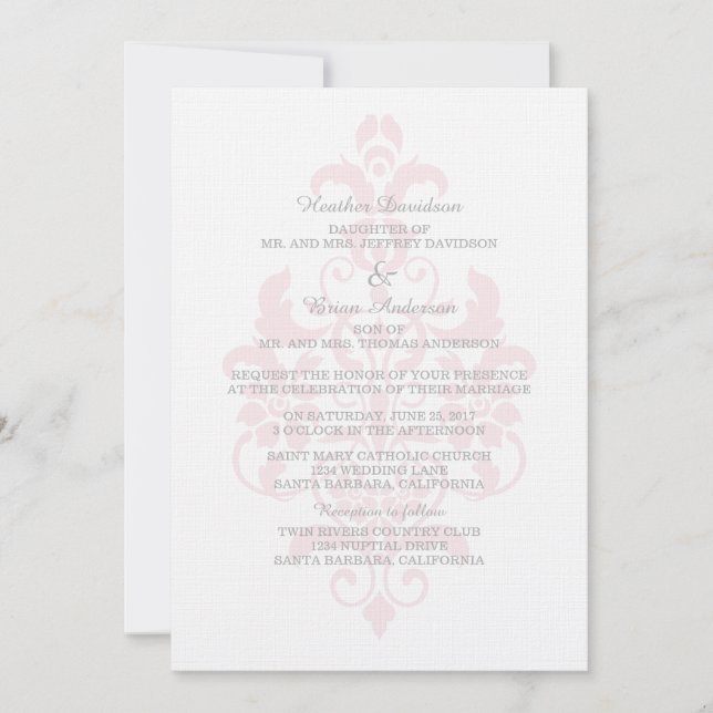 Pink Subtle Damask Wedding Invite (Front)