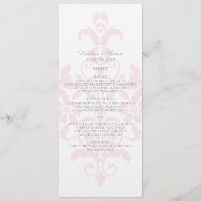 Pink Subtle Damask Wedding Menu (Front)