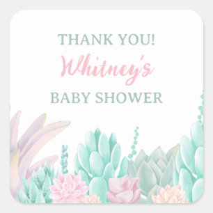 Pink Succulent Baby Shower Thank You Watercolor Square Sticker