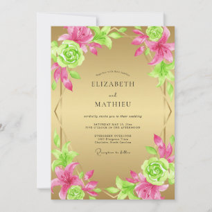 Pink Succulent Gold Eucalyptus Wedding Invitation