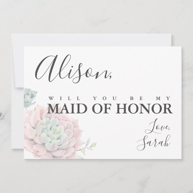 Pink Succulent Maid of Honour Proposal Card (Front)