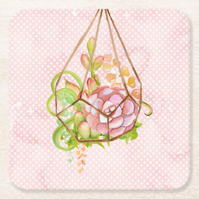 Pink Succulents Terrarium Square Paper Coaster (Front)