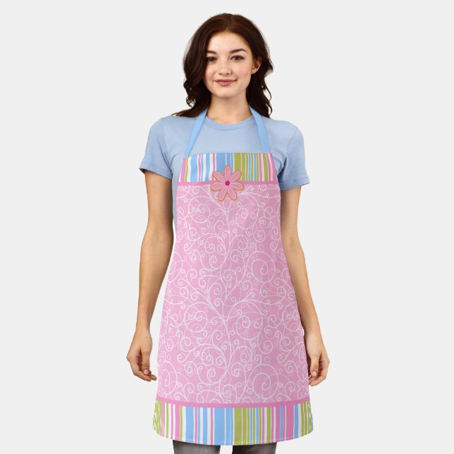 Pink Sugar Cookie Swirls and Stripes Apron (Worn)