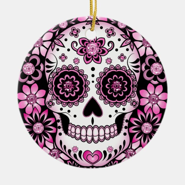 Pink Sugar Skull Ceramic Tree Decoration (Front)