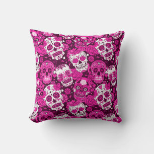 Pink sugar skull floral ornamental pattern cushion