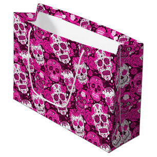 Pink sugar skull floral ornamental pattern large gift bag