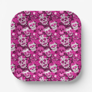 Pink sugar skull floral ornamental pattern paper plate