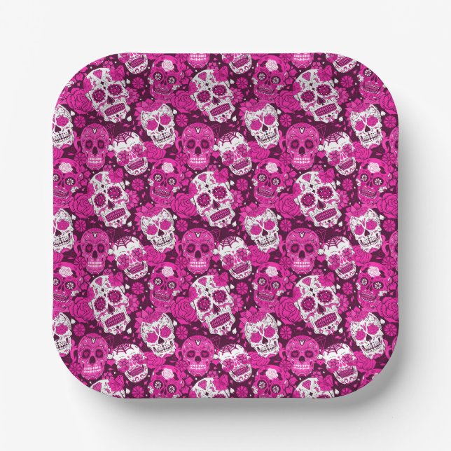 Pink sugar skull floral ornamental pattern paper plate (Front)