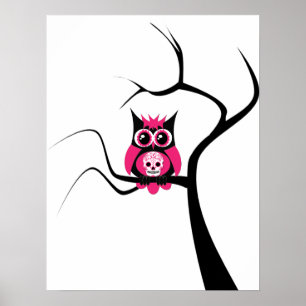 Pink Sugar Skull Owl in Tree Poster