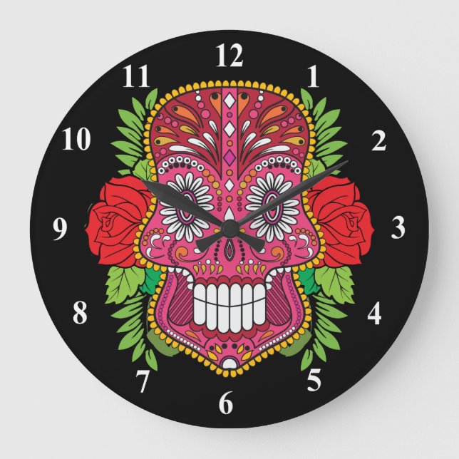 Pink Sugar Skull With Red Roses Green Leaves Large Clock (Front)