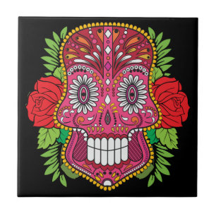 Pink Sugar Skull With Red Roses Green Leaves Tile