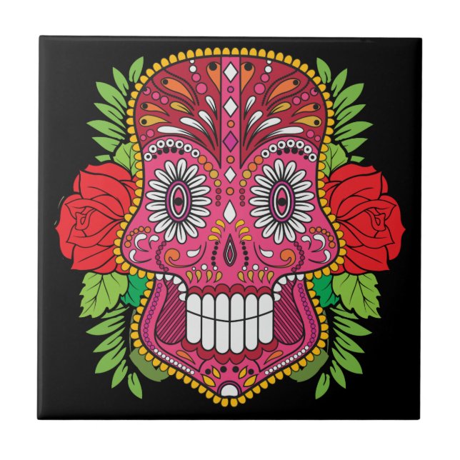 Pink Sugar Skull With Red Roses Green Leaves Tile (Front)