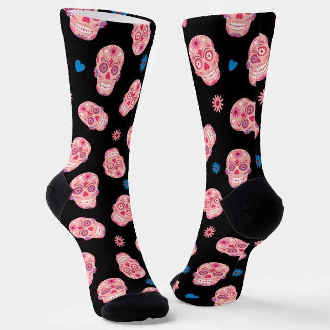 Pink Sugar Skulls Day of the Dead Socks (Angled)