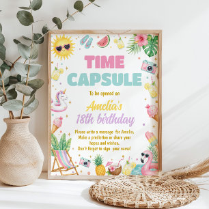 Pink Summer Beach Birthday Party Time Capsule Sign