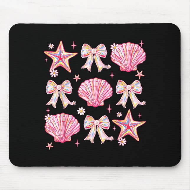 Pink Summer Coquette Bow Clam Summer Vibes Beach Mouse Mat (Front)