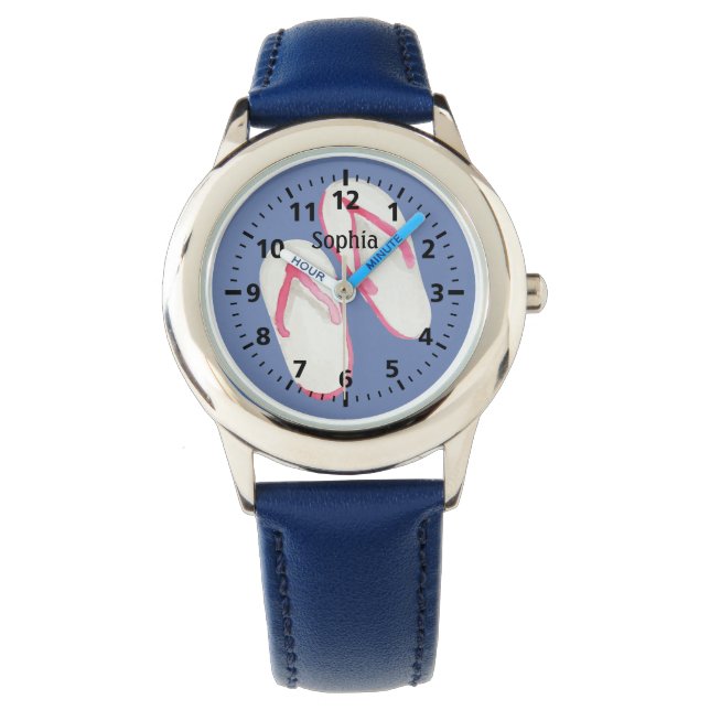 Pink Summer Flip Flops on Blue Personalised Watch (Front)