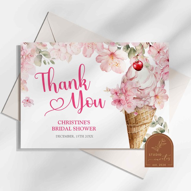 Pink Summer Floral Ice Cream Theme Thank You Card (Creator Uploaded)