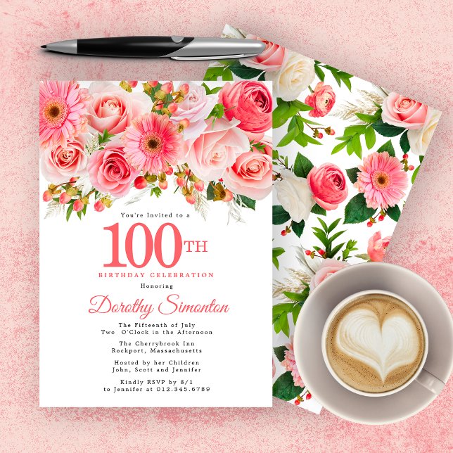 Pink Summer Floral Pretty 100th Birthday Invitation (Creator Uploaded)
