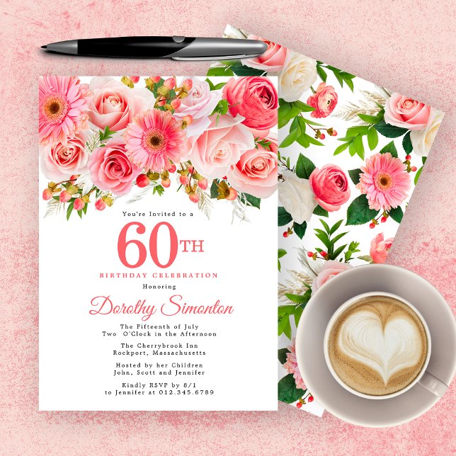 Pink Summer Floral Pretty 60th Birthday Invitation (Creator Uploaded)