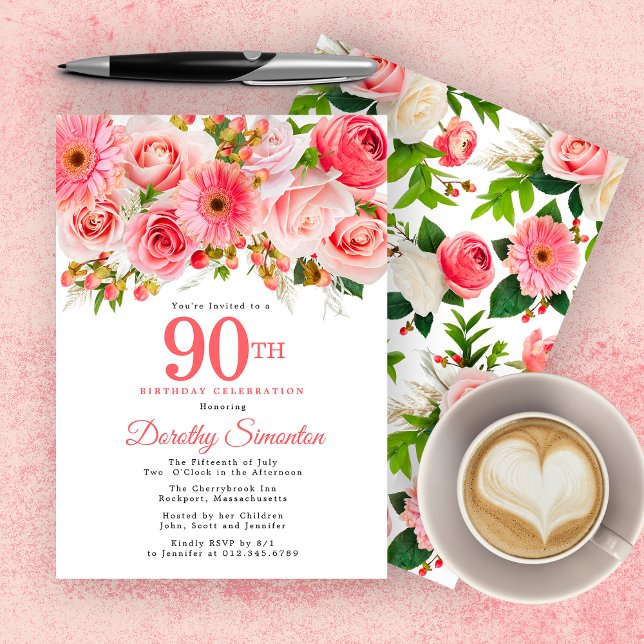 Pink Summer Floral Pretty 90th Birthday Invitation (Creator Uploaded)