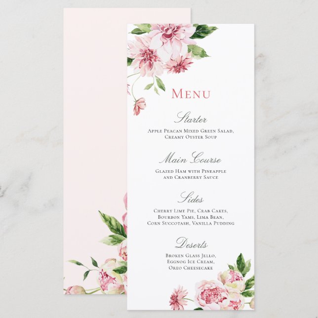 Pink Summer Floral Romantic Bridal Shower  Menu (Front/Back)