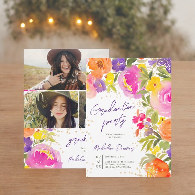 Pink summer floral watercolor photos graduation invitation (Pink summer floral watercolor photos graduation invitation)