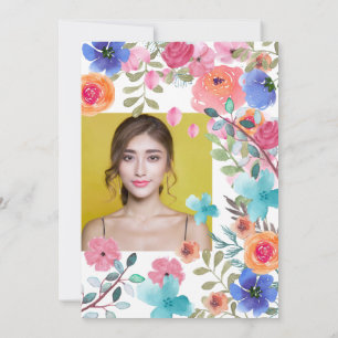 Pink summer floral watercolor photos Sweet 16  Invitation