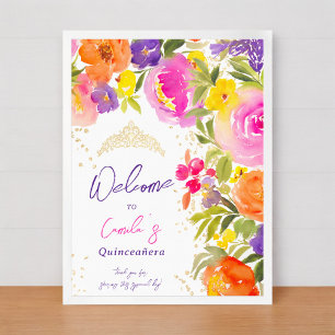 Pink summer floral watercolor Quinceanera welcome Poster