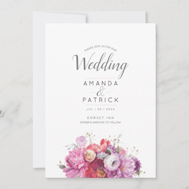 Pink Summer Floral Watercolor Wedding Invitation (Front)